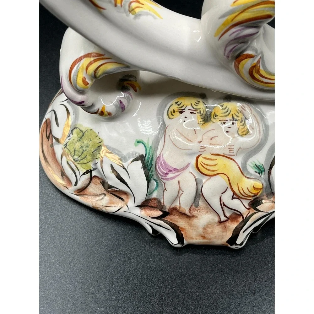 Vintage Alcobaca Portugal Capodimonte Double Candle Holder Hand Painted Stamped‎